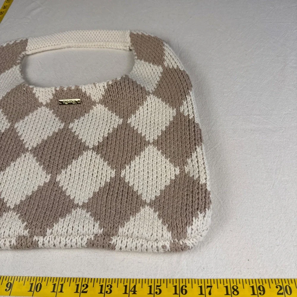 Kopari Tote Bag Women OS Tan Cream Boho Limited Edition Checkered Knit Diamond